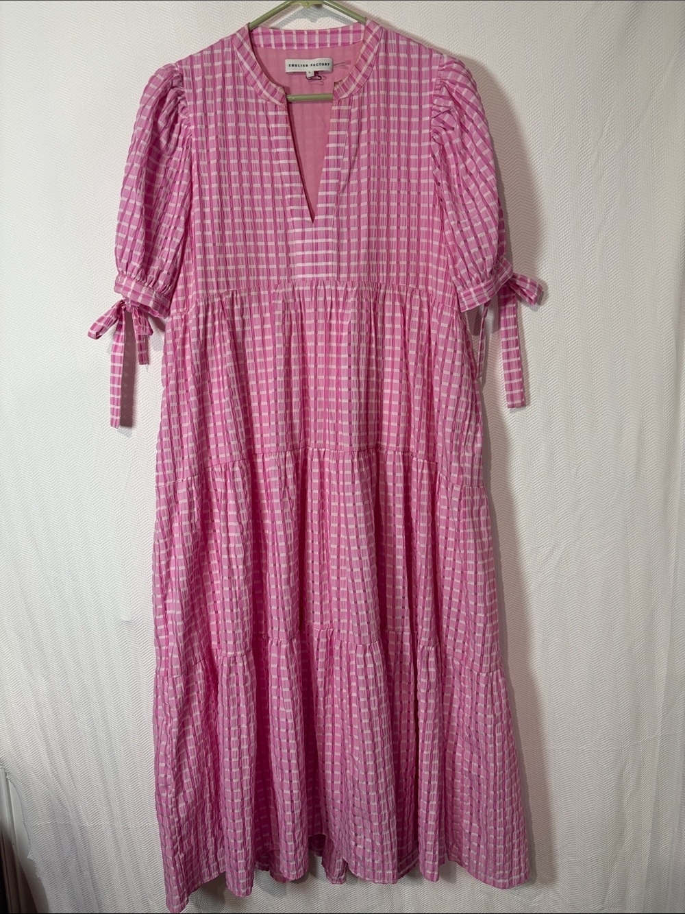 English Factory Pink Tiered Midi/ Maxi Dress with Tie Sleeves